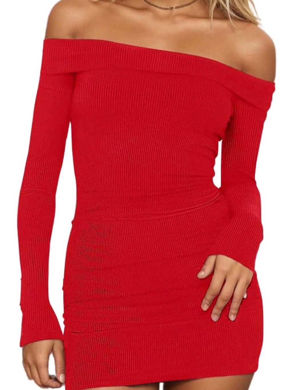 Amazon Women’s Off-The-Shoulder Ribbed Red Dress
